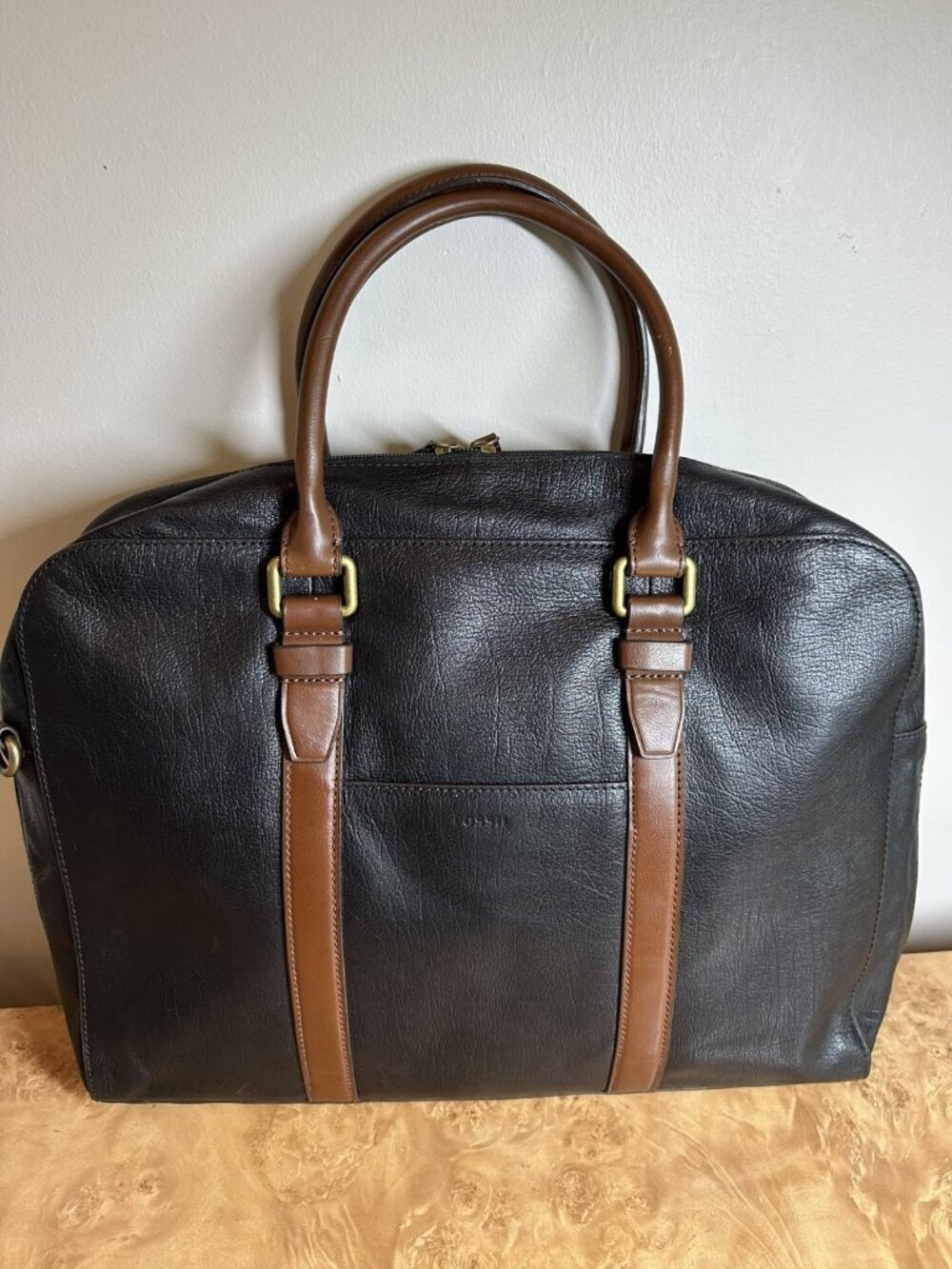 Fossil Black Brown Leather Briefcase Laptop Messenger Business Travel Bag